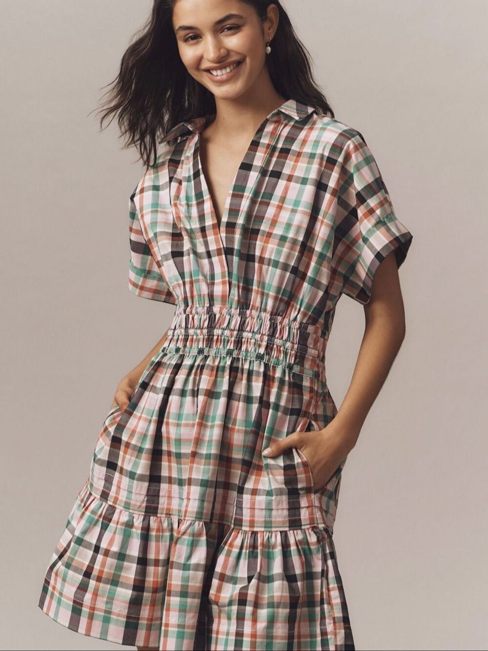 Anthropologie L Somerset Plaid Mini Dress Pink Green Smocked Waist